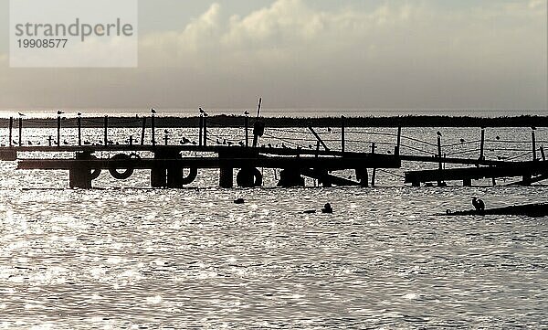 Silhouette eines alten gebrochenen Pier mit Vögeln im Meer im Sommer Abend