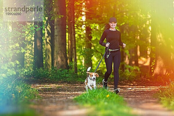 Mädchen läuft mit einem Hund (Beagle) an der Leine im Frühling  sonniger Tag im Wald. Kopieren Raum in der Natur