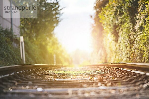 Landschaft einer alten verlassenen Eisenbahn im Herbst. Warmes Licht  nachhaltiges Reisen