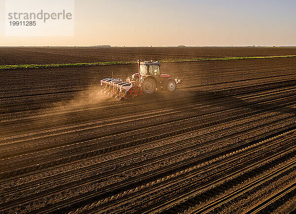 Serbien  Provinz Vojvodina  Luftaufnahme eines Traktors  der Samen in einem gepflügten Maisfeld sät