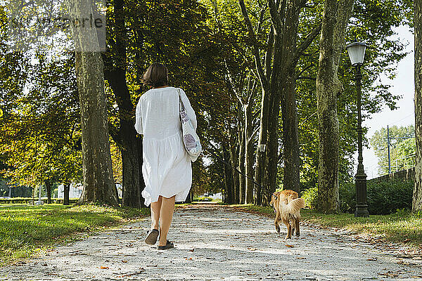 Frau geht mit Hund auf Fußweg im Park spazieren