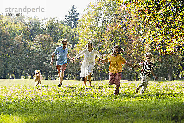Familie hält Händchen und rennt auf Gras im Park