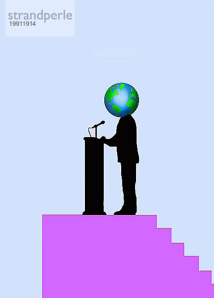 Mann mit Planet Erde statt Kopf spricht während der Weltkonferenz vor Rednerpult