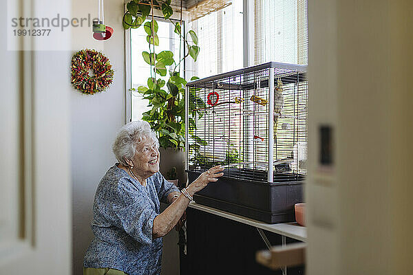 Lächelnde ältere Frau blickt zu Hause auf Vogel im Käfig am Fenster