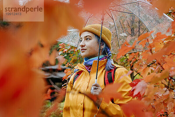 Lächelnde Frau mit Regenschirm im Herbstpark