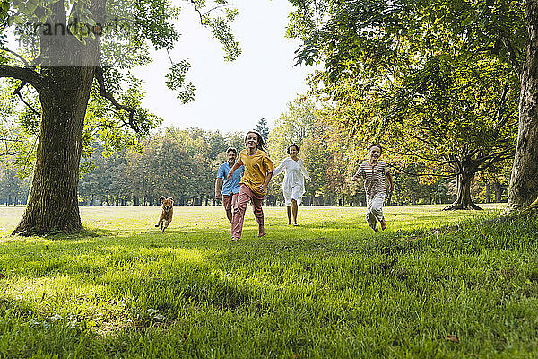 Tochter läuft mit Familie auf Gras im Park