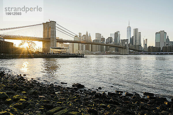 Manhattan skyline and Brooklyn bridge from Dumbo district  New York City