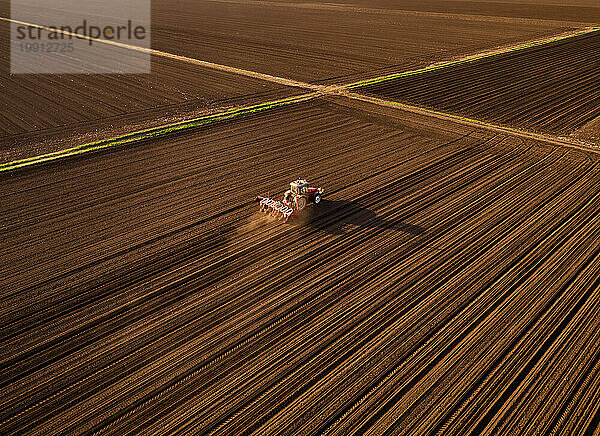 Serbien  Provinz Vojvodina  Luftaufnahme eines Traktors  der Samen in einem gepflügten Maisfeld sät