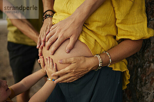 Familie berührt Bauch einer schwangeren Frau im Park
