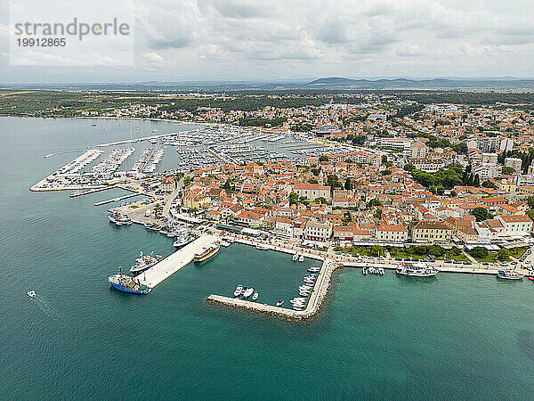 Croatia  Zadar County  Biograd na Moru  Aerial view of coastal town on Adriatic sea