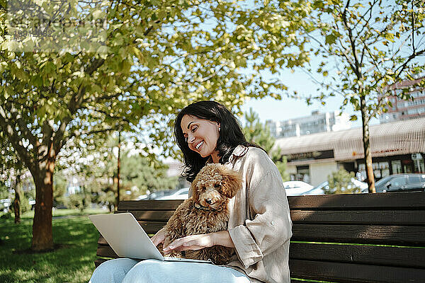 Lächelnder Freiberufler mit Laptop und Pudelhund  der auf dem Schoß im Park sitzt