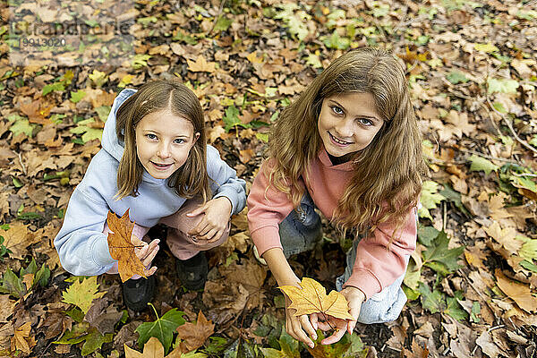 Smiling girls with maple leaves crouching in park