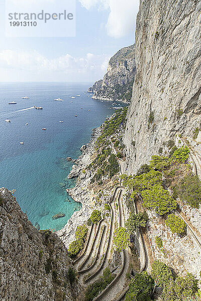 Italy  Campania  Naples  Winding road seen from clifftop of Capri island