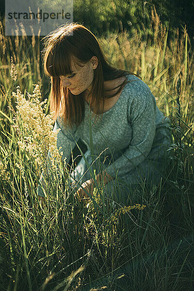 Young redhead woman kneeling in meadow
