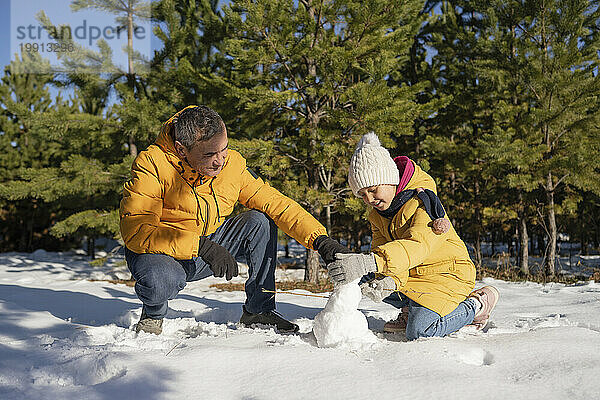 Vater und Tochter bauen im Winter einen Schneemann mit Schnee in der Nähe von Bäumen