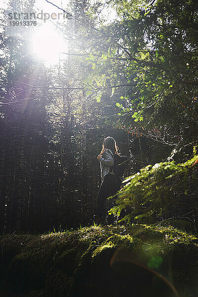 Frau mit Rucksack wandert an sonnigem Tag im Wald