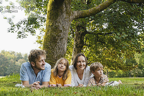 Vater und Mutter liegen mit Kindern im Park
