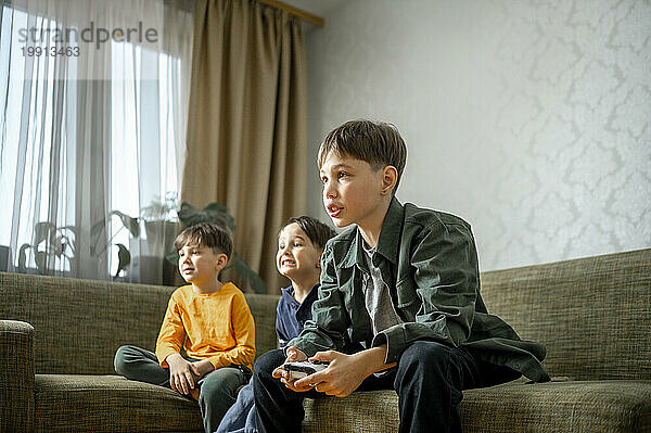 Brothers playing video game sitting on sofa at home