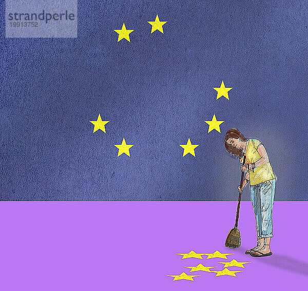 Woman sweeping up stars fallen from European Union flag