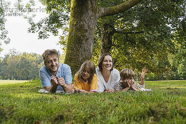 Familie liegt zusammen auf Gras im Park