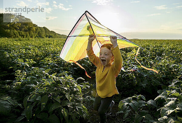 Verspielter Junge hält Drachen in der Hand und rennt auf landwirtschaftlichem Feld