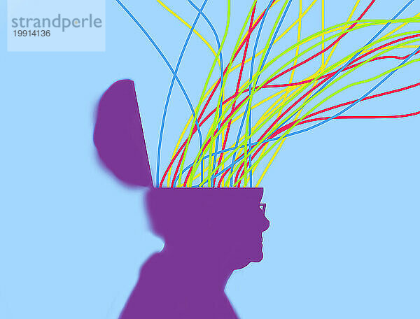 Colorful lines coming out of open head of elderly woman