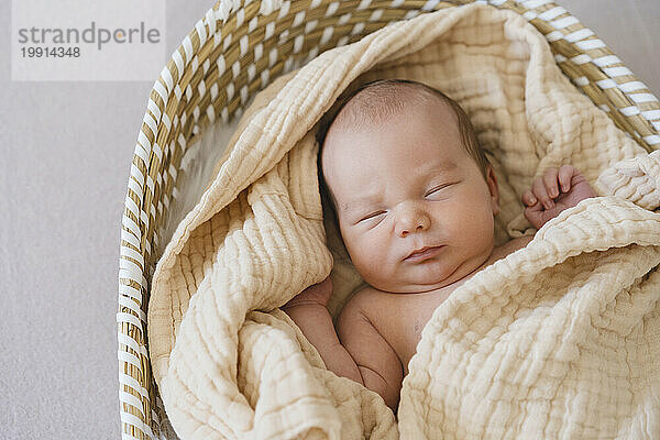 Newborn baby boy sleeping in moses basket