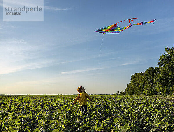 Playful boy flying kite in agricultural field under sky