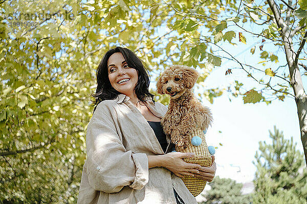 Happy woman carrying wicker basket with poodle dog under tree in autumn park