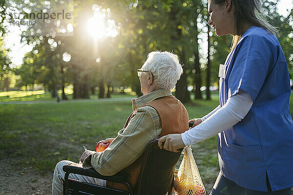 An einem sonnigen Tag geht ein Mitarbeiter des Gesundheitswesens mit einem älteren Mann im Rollstuhl im Park spazieren