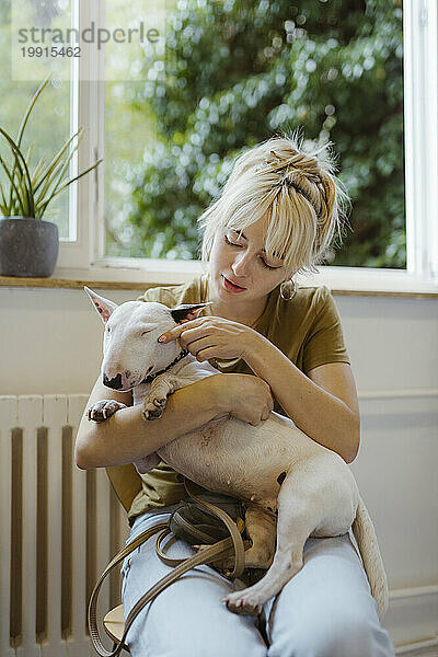 Blond woman playing with bull terrier while waiting in veterinary clinic