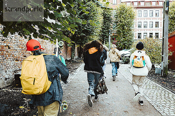 Rückansicht männlicher und weiblicher Freunde  die am Wochenende auf dem Fußweg laufen