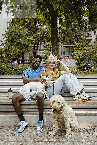 Porträt eines lächelnden Mannes und einer lächelnden Frau  die mit Hunden auf einer Bank im öffentlichen Park sitzen