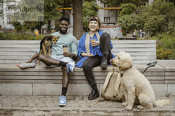 Glückliche junge Männer und Frauen halten Einwegkaffeetassen in der Hand  während sie mit Hunden im Park sitzen