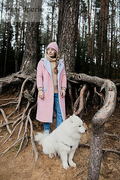 Junges Mädchen geht mit einem weißen  flauschigen Samojedenhund in der Natur spazieren