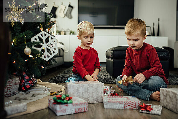 Zwei kleine Jungen sortieren Geschenke  die neben C auf dem Boden sitzen