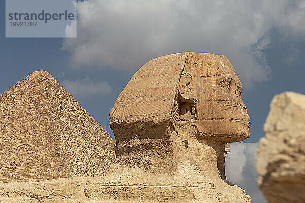 Zoom des Kopfes der Sphinx von Gyza mit Pyramide dahinter