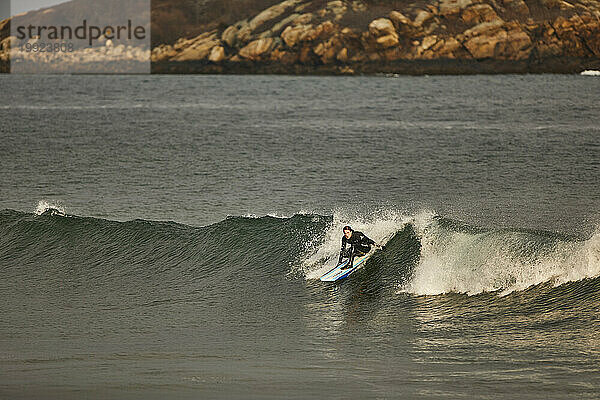 Ein Surfer  der auf Wellen am Good Harbor Beach in Gloucester  Massachusetts  surft