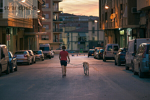 Frau mittleren Alters geht in der Abenddämmerung mit ihrem Hund durch die Stadt
