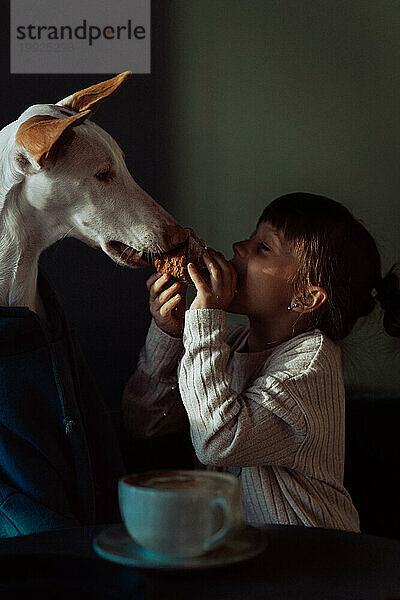 Mädchen teilt Croissant mit Hund. Freundschaft zwischen Kind und Hund.