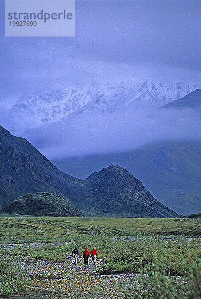 Drei Wanderer wandern entlang eines Flusses im Arctic National Wildlife Refuge  Alaska.