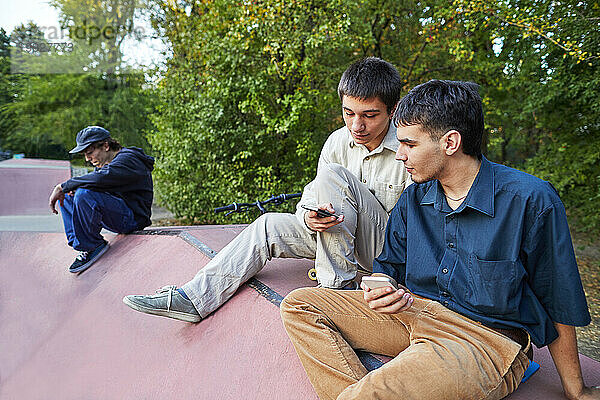 Junge Leute nutzen Smartphones im Park