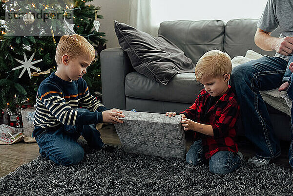 Zwei Jungen sitzen im Wohnzimmer vor dem Weihnachtsbaum auf dem Boden