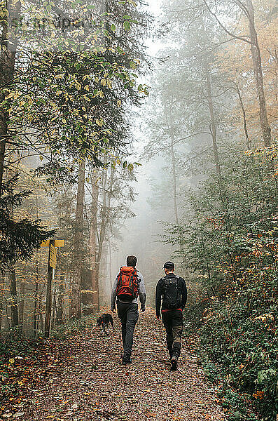 Zwei abenteuerlustige Männer wandern auf nebligen Bergpfaden