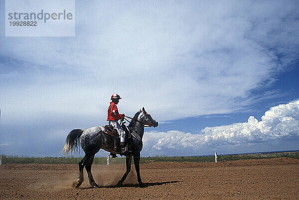 Ein Reiter nimmt an einem kleinen Pferderennen teil.