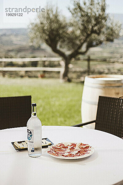 Essen auf Gartentisch mit Olivenbaum im Hintergrund  La Rioja  Pamplona  ??Spanien