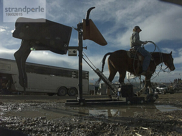 Ein Cowboy reitet an einem elektrischen Bullen vorbei  damit Rodeo-Fans reiten können