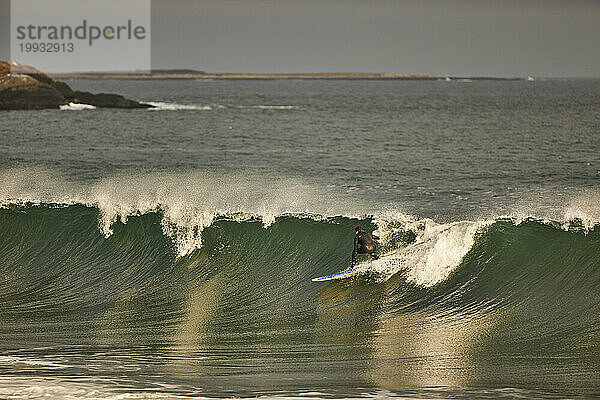 Ein Surfer  der auf einer Welle am Good Harbor Beach in Gloucester  Massachusetts  surft