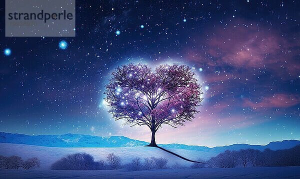 Eine liebevolle Szene mit einem zu einem leuchtenden Herz geformten Baum unter dem winterlichen Nachthimmel AI erzeugt  KI generiert