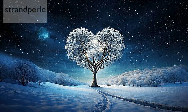 Ein verschneiter Baum  der nachts unter dem Sternenhimmel beleuchtet ist und die Schönheit des Winters zeigt AI generiert  KI generiert